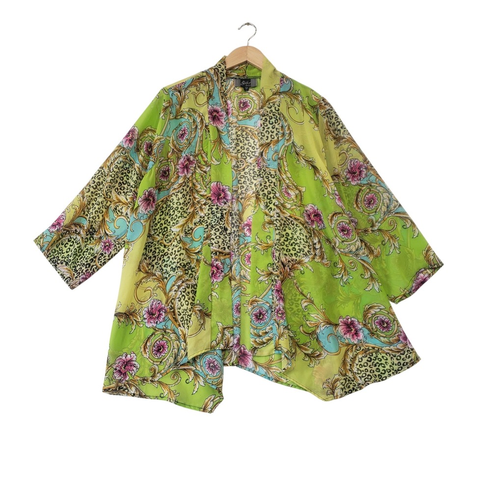 Slinky Brand Kimono Cardigan Womens 1X Lime Green Baroque Leopard Floral Sheer
